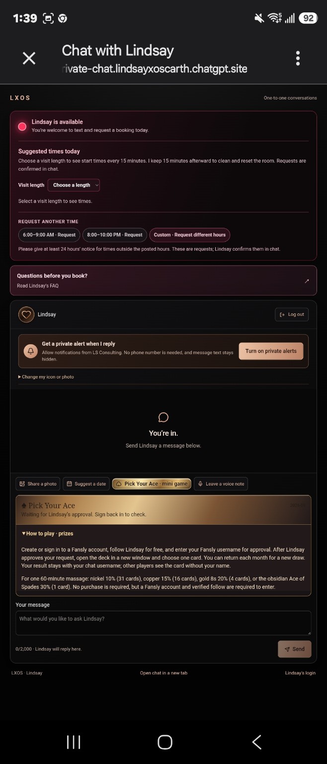Branded client chat with availability, booking requests, private alerts and a mini-game
